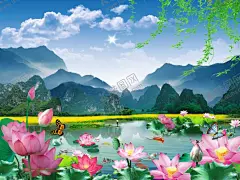 桂林山水荷塘荷花池塘鲤鱼 【酷图网】新中式背景墙,花鸟背景墙,花鸟装饰画,新中式花鸟画,中式背景墙,新中式装饰画,喜上眉梢,花开富贵,喜鹊,中式花鸟,大气,高清,唯美,新中式,中式,山水倒影,花鸟国画,中式花鸟背景,山水画,小鸟,意境花鸟,写意,卧室,花鸟背景,客厅背景墙,书房背景墙,壁画,壁纸,电视背景墙