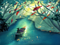 Jungle Adventures forest sunlight jungle green illustration adventure lake tree fish boat