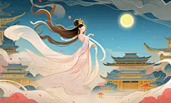中秋节嫦娥月下飞舞祥云伴身插图卡通唯美手绘古风人物插画壁纸