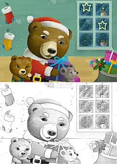 卡通场景与动物素描圣诞老人熊与礼物圣诞插图