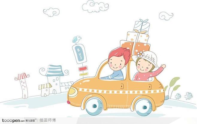 线条卡通插画开小汽车的孩子们