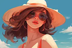 夏天墨镜海边蒸汽波夕阳夏季人物度假插画
