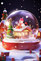 Christmas scene & snow globe with santa in the background, in the style of rendered in cinema4d, toycore, chinapunk, colorful, eye-catching compositions, photorealistic rendering