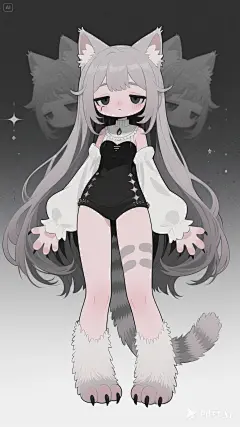人设图，oc设定，oc设定图，人物设计，少女，福瑞少女，猫爪，Q版，全身