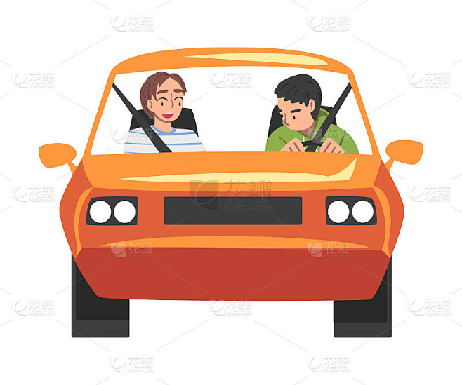 前视图的人骑橙色车，男性司机驾驶车辆和妇女坐在乘客座位卡通矢量插图