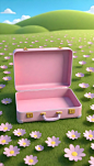 A-open-empty-pink-suitcase-on-the-wide-grass-surrounded-by-flowers--in-front-view--high-view--the-suitcase-is-empty-inside--with-sky-blue-background--in-the-cartoon-style--rendered-in-C4D--as-a-3D-sce (8)