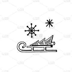 新年手绘涂鸦图标集。雪橇，树，白色背景上的雪花。