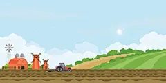 Farmer driving a tractor in farmed land and farmhouse.