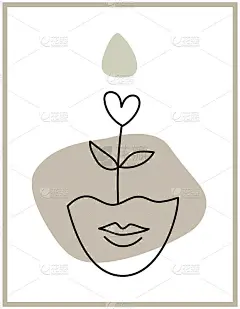 极简抽象的女人脸。海报上的脸和爱的萌芽。抽象形状的当代拼贴画。程式化的盆栽植物。矢量人像女性在自然米