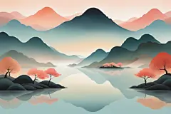 国潮写意扁平山水意境插画