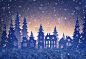 纸冬天景观与村庄和圣诞树在雪夜。