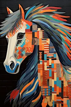 AI数字艺术卡通彩色马拼贴画插画
