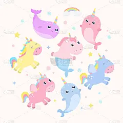神奇的生物。独角鲸，独角兽美人鱼，飞马矢量插图