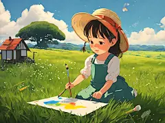 吉卜力风草地上画画的女孩AI数字艺术