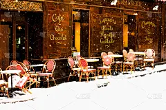 巴黎,咖啡馆,在下面,法国,两个座位的桌子,街道,雪,冬天,餐馆,露天咖啡馆