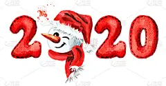 2020新年祝福语。闪烁的雪人。水彩手绘插图，孤立的白色背景
