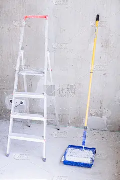 滚刷,涂料,梯子,大桶,壁纸刷,颜料盘,蓝色,垂直画幅,办公室,台阶