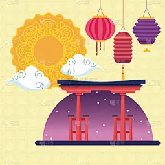 秋天,中国,卡通,中间,亚洲,贺卡,韩国中秋节,云,图像,建筑物门