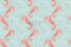 一个图案的水彩画插图的海马，贝壳在蓝色的背景，无缝