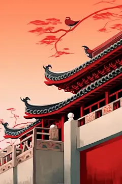 AI数字艺术创意房屋中国风屋檐墙壁插画-众图网