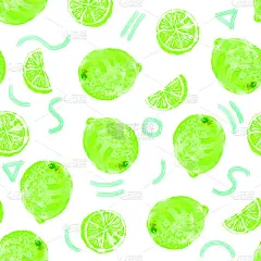 手绘素描风格成熟的绿色石灰无缝图案与抽象氖元素。白色背景上最小的颜色模式。整个酸橙，圆的，切片的