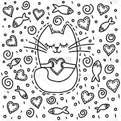 涂鸦风格的插图与可爱的猫，心和鱼。黑白矢量手绘无缝图案或情人节贺卡