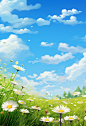 a green grass with daisies and blue sky, in the style of delicately rendered landscapes, hazy landscapes, soft, romantic landscapes