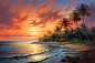 大海阳光夕阳油画风海边晚霞风景插画图片