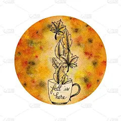 舒适的秋天地球手画插图在秋天的颜色，秋天的背景与咖啡杯和秋天的叶子，水彩和墨水秋天的概念