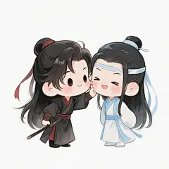 魔道主师里魏无羡和蓝忘机表情包
图片生成信息:Q版画风，萌系，简约风，高级感， 梦幻感，
一个水墨风魏无羡和蓝忘机互动的图片，魏无羡扯蓝忘机脸蛋
可爱画风，纯白背景，表情包设计，超高清，超细节，灯光明亮