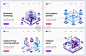 区块链加密货币挖矿技术矢量图。创意概念横幅集，网站设计与卡通3d区块链数字货币矿机农场，转账交易市场