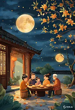 2x3_中秋节插画_一家人温馨的坐在一个有着一颗桂花树的古风的院子里_在 (4)