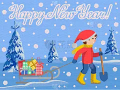 贺卡,男孩,可爱的,雪橇滑学,冬天,图像,天气,祝贺,休闲