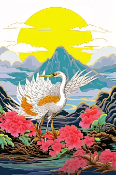 国风浮世绘风烫金古风国潮丹顶鹤插画