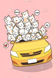 猫,汽车,可爱,黄色,头发,夏天,白色,粉色,斑纹猫,绘制