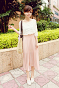 [甜美の搭配] 白色褶皱上衣搭配粉色褶皱长裙，甜美十足让人心动。