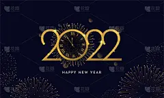 新年快乐，2022海报。金色印刷线条与优雅的经典手表和烟花背景矢量插图设计