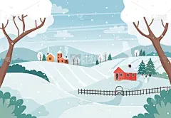 冬天的风景有树木、田野、房屋。季节性的乡村景观。平面风格的矢量插图