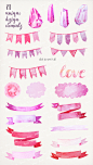 Watercolor Valentine's day MEGA Pack : This amazing collection of hand painted watercolor Valentine's day clip art included pink and red hearts, gems, ribbons, textures, spot, flower and other design elements. I painted these illustrations myself. With th