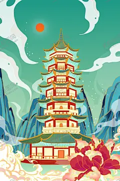 国潮风景 【酷图网】国潮风,手绘,水彩,花鸟,花仙子画,十二月花信,插画,海报背景,油画,水彩画,大气,精美,鲜花,鸟雀,图案,传统,中国风,风景,抽象,昙花栀子花,建筑物