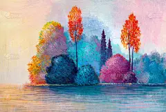 油画五彩缤纷的秋天树.森林,黄红相间的杨树和河流的抽象图像.秋天的自然背景。手绘印象派，户外景观.