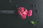 Melting scoop of blueberry ice-cream over black slate stone