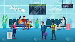 不同种族和国家的人们正在等待飞机。机场休息室。商务旅行。信息。家人在度假。机场内部。飞机着陆。平面卡