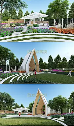 现代小游园花镜设计SU模型小公园景观设计SU效果图汀步花园su模型