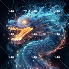 中国龙，溶解和消失在粒子中，半透明荧光，发光粒子，光学耀斑，