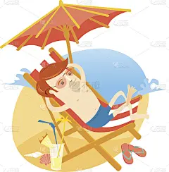 潮男在沙滩椅上晒日光浴，喝着鸡尾酒