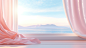 a pink curtain on the window sill on a sunny day, in the style of realistic landscapes with soft edges, light white and bronze, serene seascapes, light white and orange, vaporwave, daz3d, romantic colors