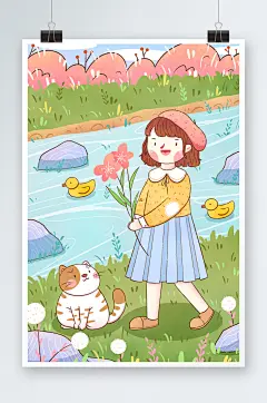 春分节气女孩河边散步插画