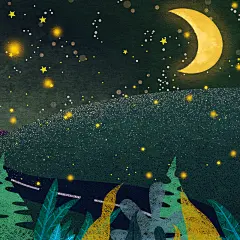 月光叶子清新大气手绘夜晚星空插画