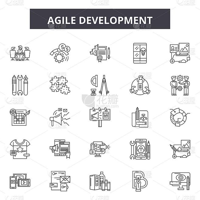 Agile development line icons, signs set, vector. A素材-花瓣网
